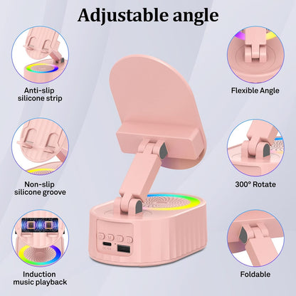 Wireless Induction Audio Bluetooth Speaker 5in1 Phone Holder Emergency Rechargeable (3000mAh) with Colorful Ambient Light 300° Foldable for Tablet iPhone Android, Womens Birthday Gifts(Pink)