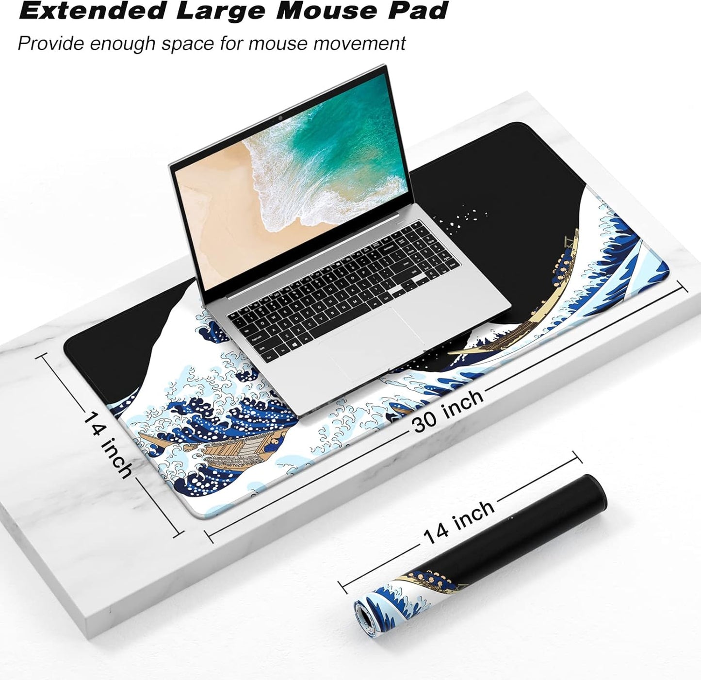 Extended Gaming Mouse Pad, XXL Large Desk Pad 30 x 14 Inch, Big Computer Keyboard Mousepad, Waterproof Mouse Mat with Stitched Edges and Non-Slip Base for Women Office Gaming, Sea Waves