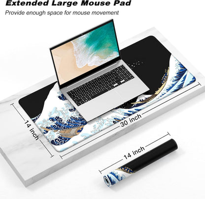 Extended Gaming Mouse Pad, XXL Large Desk Pad 30 x 14 Inch, Big Computer Keyboard Mousepad, Waterproof Mouse Mat with Stitched Edges and Non-Slip Base for Women Office Gaming, Sea Waves