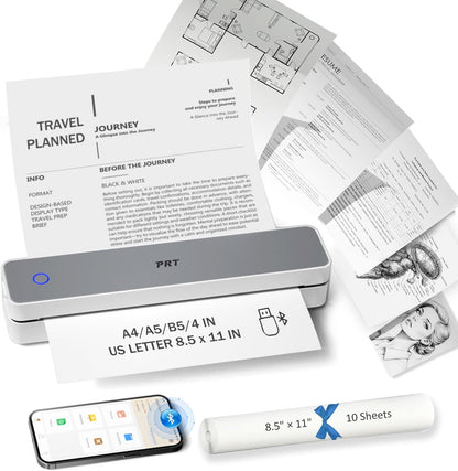 Inkless Portable Printer for Travel, Wireless Thermal Printer Support 8.5 x 11 Inch US Letter A4 B5, Bluetooth Mobile Printers with iOS, Android, Laptop for Home Use, Car, Office, School, Grey