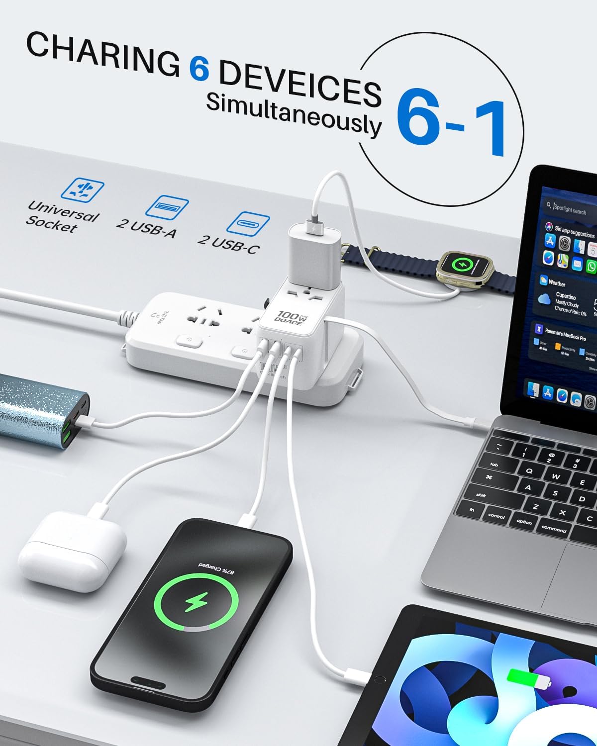 DOACE Universal Travel Adapter, 100W GaN 3.0 International Power Adapter with Built-in USB-C Cable, 6 in 1 Travel Adapter with 5 USB Ports, Plug Adapter Worldwide for EU/UK/USA/AUS(White)