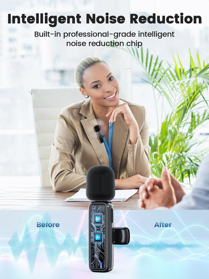 3 in 1 Wireless Lavalier Microphones for iPhone/Android/Camera, 2 Pack Mini Microphone LED Display Lapel Omnidirectional Mic with Mute/Reverb/Noise Reduction for TikTok/Podcast/Vlog Recording