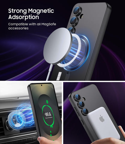 Magnetic for Samsung Galaxy S25 Plus Case [Compatible with MagSafe][Built-in Camera Lens Protector] Slim Soft Silicone Bumper Shockproof Metallic Luster Phone Shell (Black)