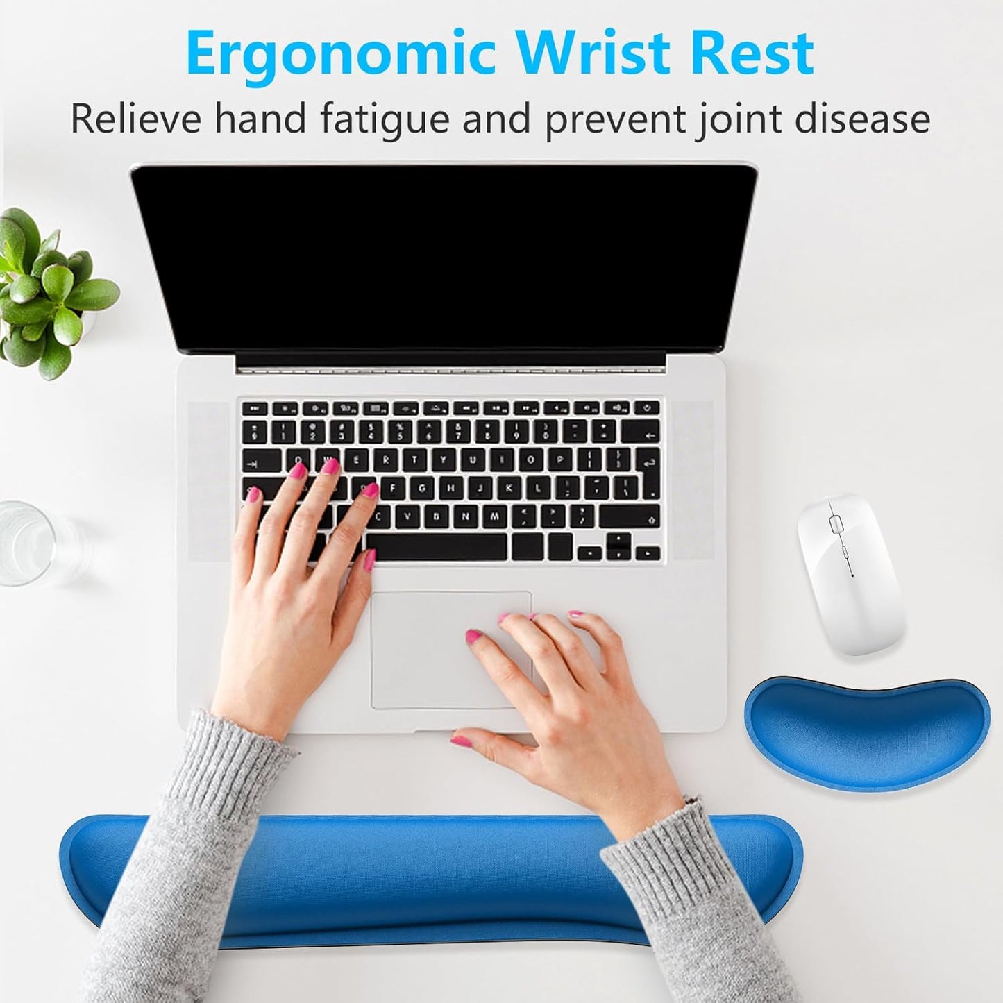 Dapesuom Enlarge Keyboard Wrist Rest, Memory Foam Wrist Cushion for Desk Mats Support, Cute Typing Pain Relief Keyboard Mouse Pad Rests Set with Non-Slip Base for Gaming Laptop Office, Dark Blue