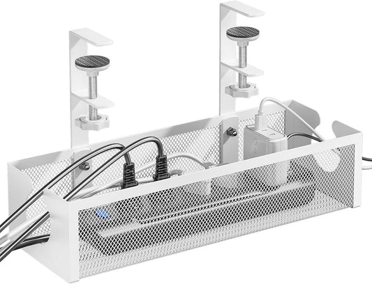 DELAMU Under Desk Cable Management Tray, No Drill Metal Mesh Cable Management Under Desk with F-Clamp Mount & 2 Open Holes, Cord Organizer for Home Office, 1 Pack, White