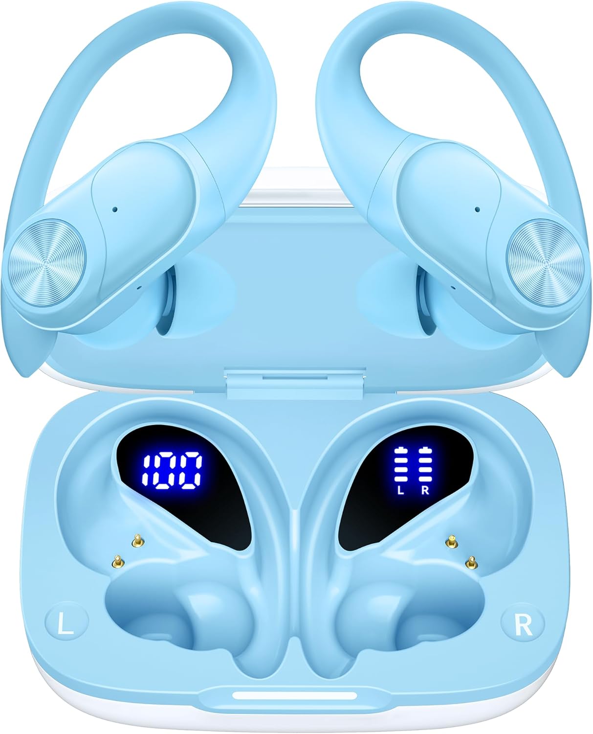 PocBuds Bluetooth Headphones Wireless Earbuds 80hrs Playtime Wireless Charging Case Digital Display Sports Ear Buds with Earhook Deep Bass IPX7 Waterproof Over-Ear Earphones for TV Phone Laptop Blue