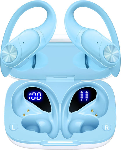 PocBuds Bluetooth Headphones Wireless Earbuds 80hrs Playtime Wireless Charging Case Digital Display Sports Ear Buds with Earhook Deep Bass IPX7 Waterproof Over-Ear Earphones for TV Phone Laptop Blue
