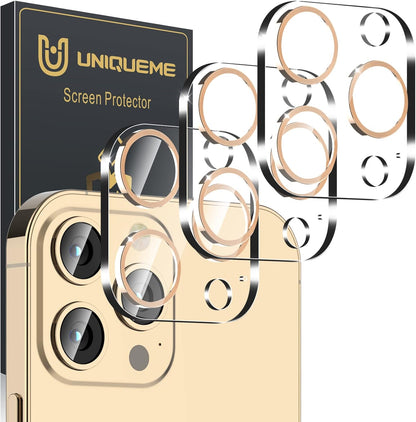 UniqueMe [3 Pack] Camera Lens Protector Compatible with iPhone 13 Pro 6.1" / 13 Pro Max 6.7" Tempered Glass,[Case Friendly][New version][Scratch-Resistant][Easy Installation] -Gold