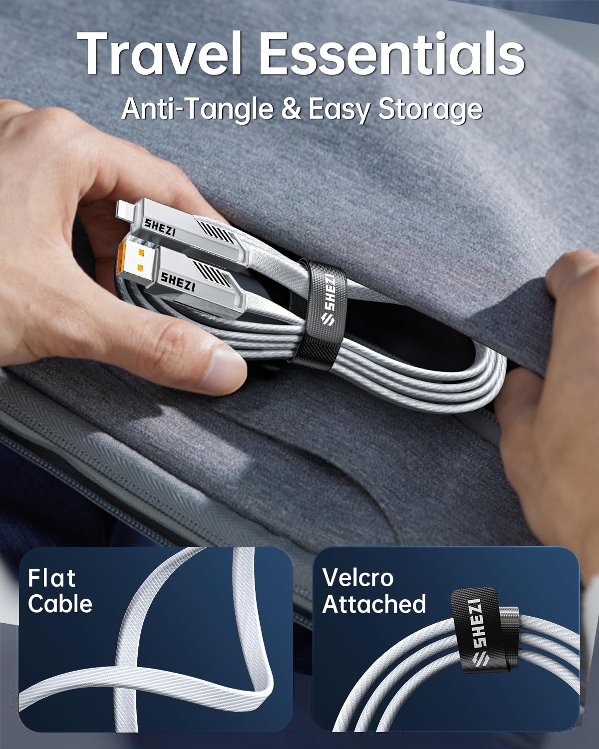 SHEZI [Upgraded 2.0] 4-in-1 USB C Cable 60W 10FT Fast Charging [480Mbps Data Sync] Flat Nylon Braided Charger Cord Combo, USB A/C to C/L Multi Charge Cable for iPhone/iPad & Most Devices, Silver