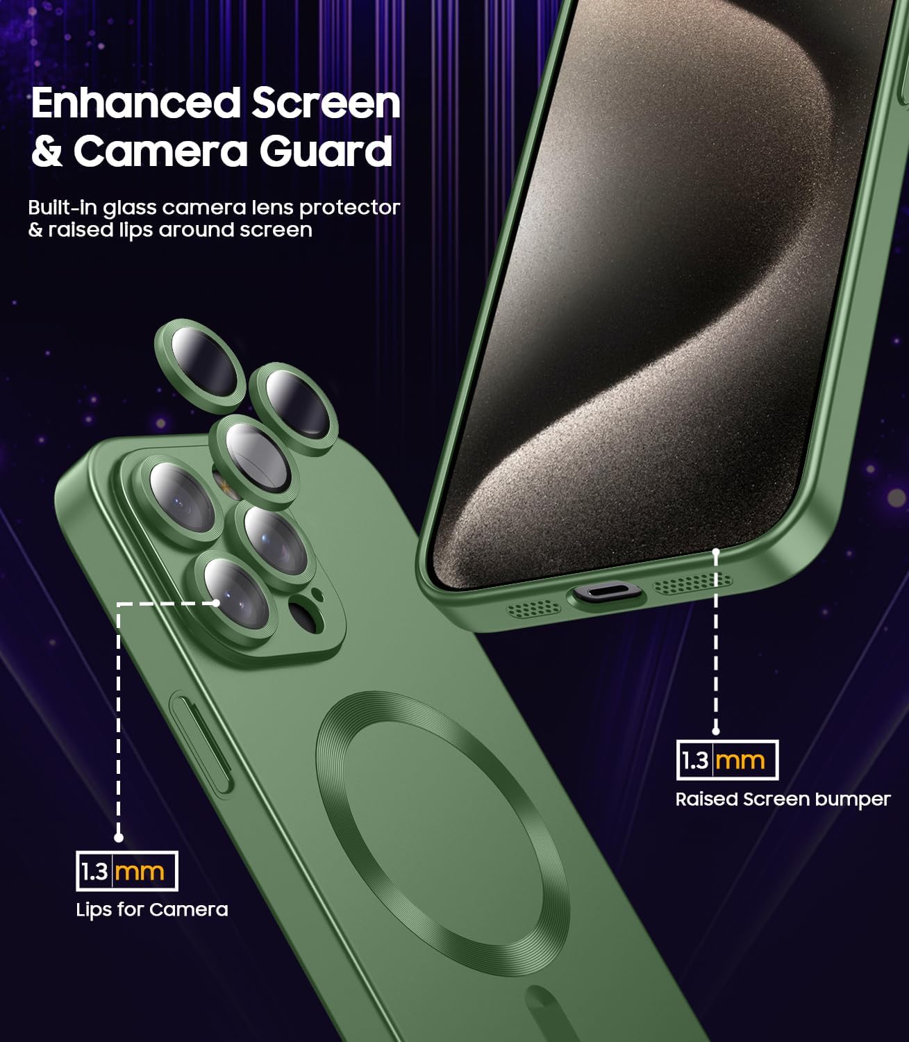 Magnetic for iPhone 15 Pro Case [Compatible with MagSafe][Built-in Camera Lens Protector] Slim Soft Silicone Bumper Shockproof Metallic Shine Phone Case (Green)