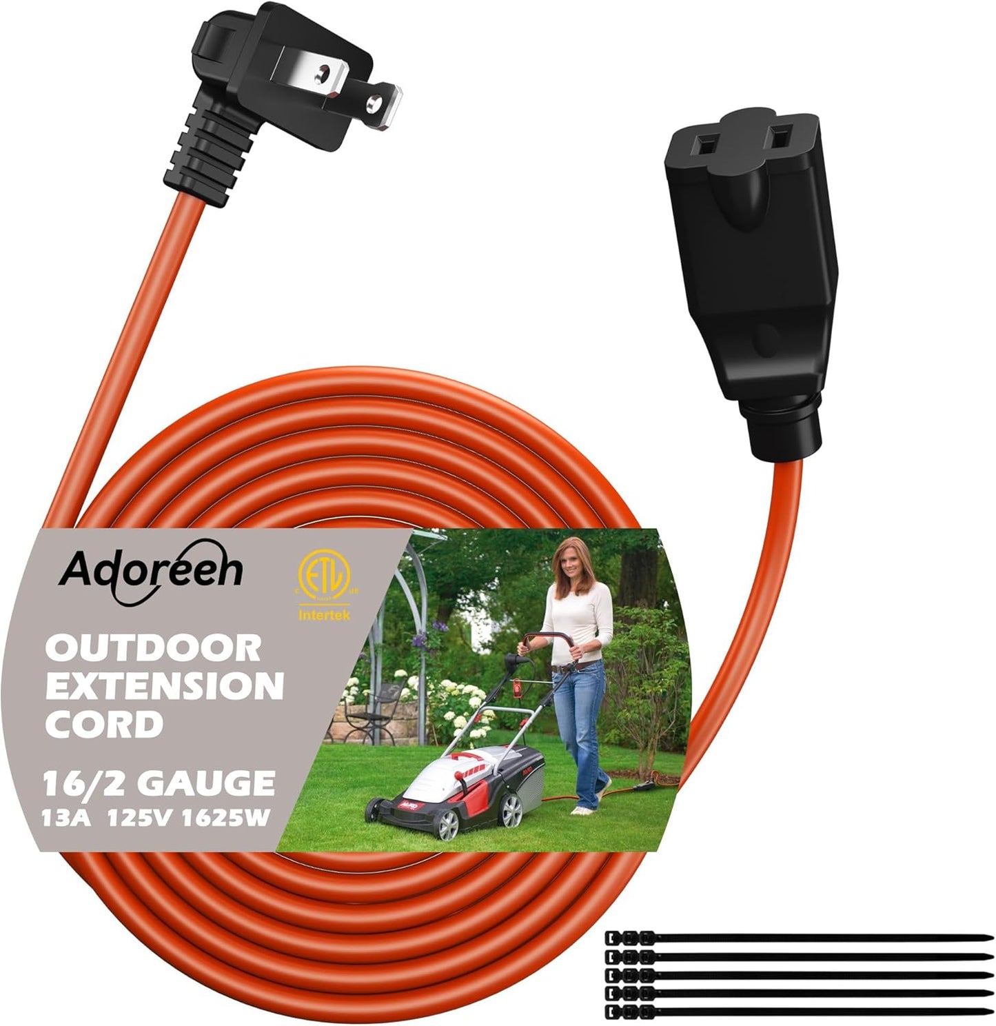 90 Degree 2 Prong Polarized Outdoor Power Extension Cord 30 FT, Angled Low-Profile Plug, 16 Gauge 125V SJTW Waterproof Long Cable for Home Office Lawnmower Garden Tools Lights, ETL+Ties-Bright Orange