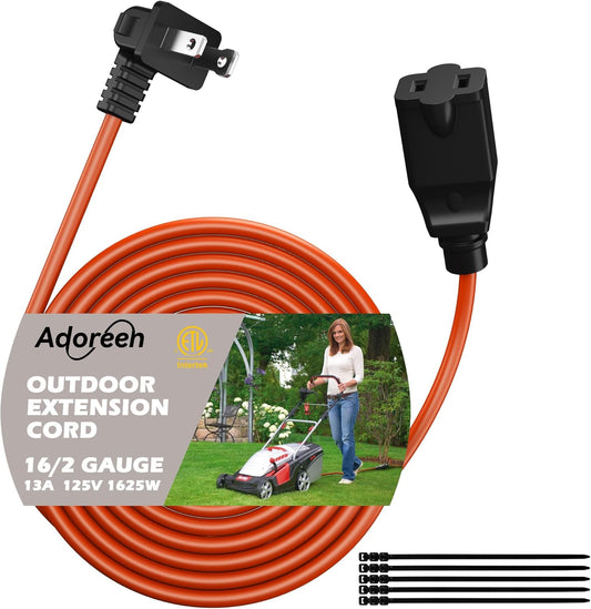 90 Degree 2 Prong Polarized Outdoor Power Extension Cord 15 FT, Angled Low-Profile Plug, 16 Gauge 125V SJTW Waterproof Long Cable for Home Office Lawnmower Garden Tools Lights, ETL+Ties-Bright Orange