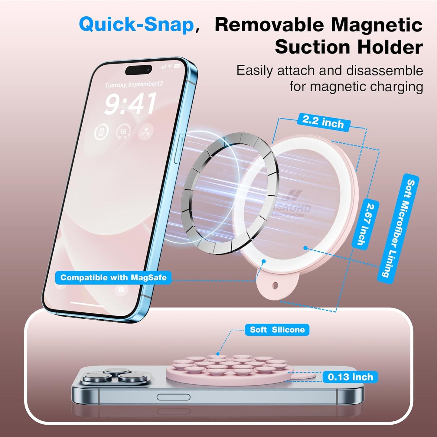 Magnetic Suction Cup Mount for MagSafe Case, Silicone Hands-Free Grip Holder for iPhone and Android, Mirror Shower Phone Stand for Makeup FaceTime Gym Kitchen Bathroom, Lovely Pink