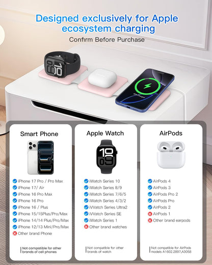 Charging Station for Apple Multiple Devices: 3 in 1 Foldable Magnetic Wireless Charger Stand - Travel Charging Dock Compatible with iPhone 16 15 14 13 12 Pro Max Plus Apple Watch AirPods