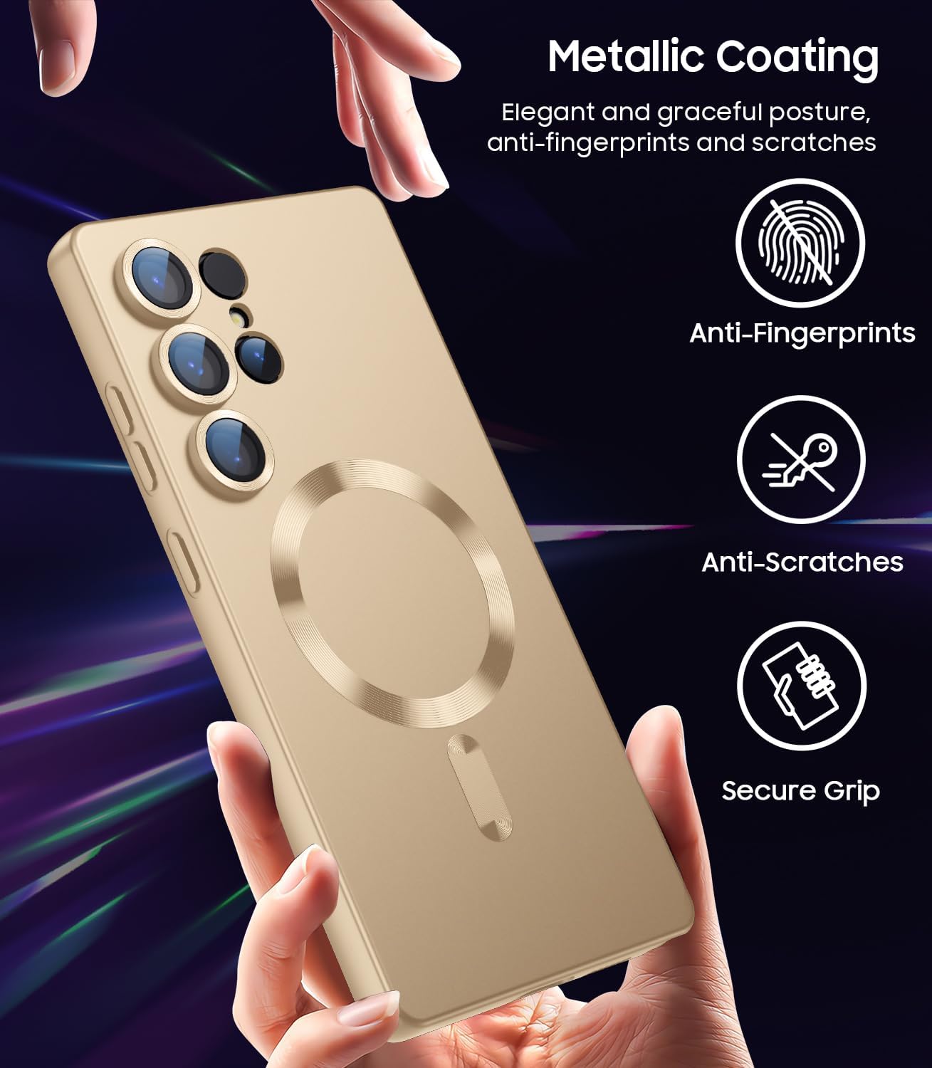 Magnetic for Samsung Galaxy S25 Ultra Case [Compatible with MagSafe][Built-in Camera Lens Protector] Slim Soft Silicone Bumper Shockproof Metallic Luster Phone Shell (Gold)