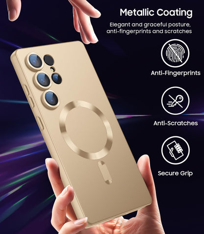Magnetic for Samsung Galaxy S25 Ultra Case [Compatible with MagSafe][Built-in Camera Lens Protector] Slim Soft Silicone Bumper Shockproof Metallic Luster Phone Shell (Gold)