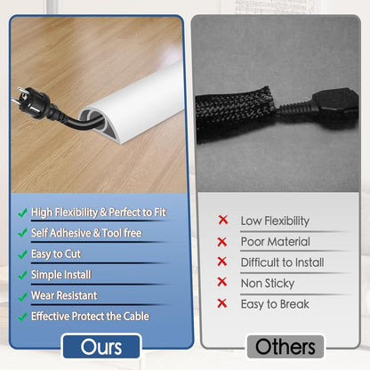 Floor Cord Cover for Wires on Floor Self Adhesive Cord Hider Floor Cable Management Wire Covers for Cords Protector Prevent Cable Trips Cord Cavity W 0.32" x H 0.32", White, 10Ft