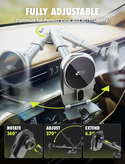 Bracketron MagAlign Extend 15W Magsafe Car Mount Charger, Magnetic Car Phone Holder Charger Wireless Car Charger for iPhone 16 Pro Max 15 14 13 12,Vent/Windshield/Dash Phone Mount Holder Fast Charger