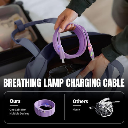 240W USB C Cable,4 in 1 Charging Cable Fast Charging & Data Sync, Multi USB Charging Cable with Breathing Light,Charger Cord for iPhone 16/15 14 13 iPad Samsung Galaxy MacBook iPad Tablets,Purple 5Ft