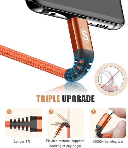 sweguard USB Type C Charger Cable 3.1A Fast Charging [3-Pack,10ft+6.6ft+3.3ft] Braided USB C Cord for iPhone 16 15 pro max Plus,Samsung Galaxy S24 S23 S22 S21 S20 S10 A53 Note Flip LG Moto PS5-Orange