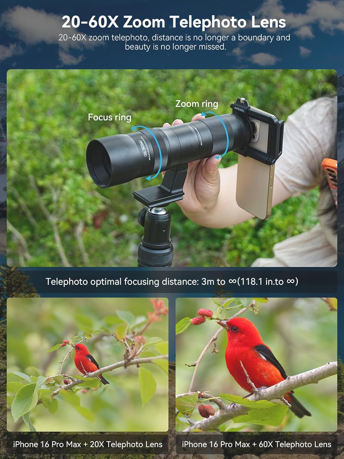 MIAO LAB 20-60X Zoom Telephoto Lens, High Power Telephoto Mobile Cell Phone Lens with Tripod & Universal Phone Clip, for iPhone 16/15/14/13 Series, Samsung, Android Phone and Most Smartphone