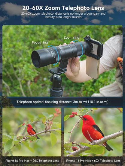 MIAO LAB 20-60X Zoom Telephoto Lens, High Power Telephoto Mobile Cell Phone Lens with Tripod & Universal Phone Clip, for iPhone 16/15/14/13 Series, Samsung, Android Phone and Most Smartphone