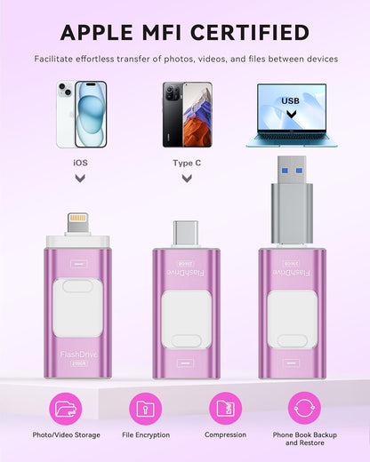 Apple MFi Certified 256GB Flash Drive for iPhone Thumb Drive Photo Stick, USB Memory Stick iPhone Flash Drive for Photos Videos, High Speed Jump Drive Compatible for iPhone/iPad/Android/PC (Purple)