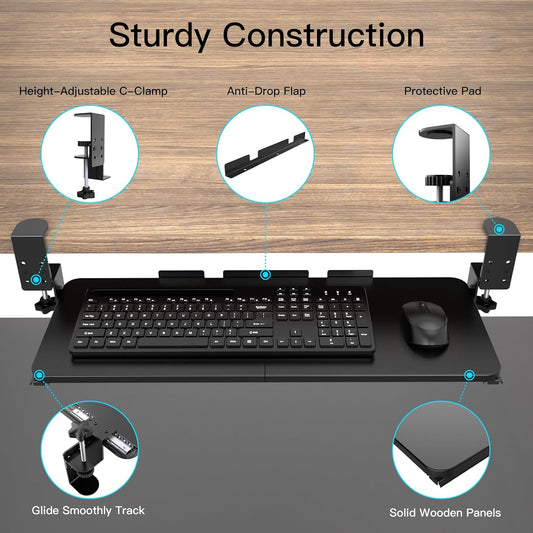 Ergonomic Keyboard Tray Under Desk Pull Out with Adjustable C-Clamp Mount, Slide-Out Computer Keyboard and Mouse Platform Drawer for Office and Home Typing (Black)
