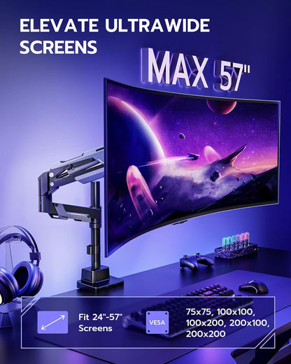 ARES WING Single Monitor Mount, Ultrawide Monitor Arm for 24 to 57 Inch Heavy Duty Curved Screen, Adjustable Gas Spring Monitors Arm Stand up to 66LBS with 75/100/200 Vesa Mount, Black