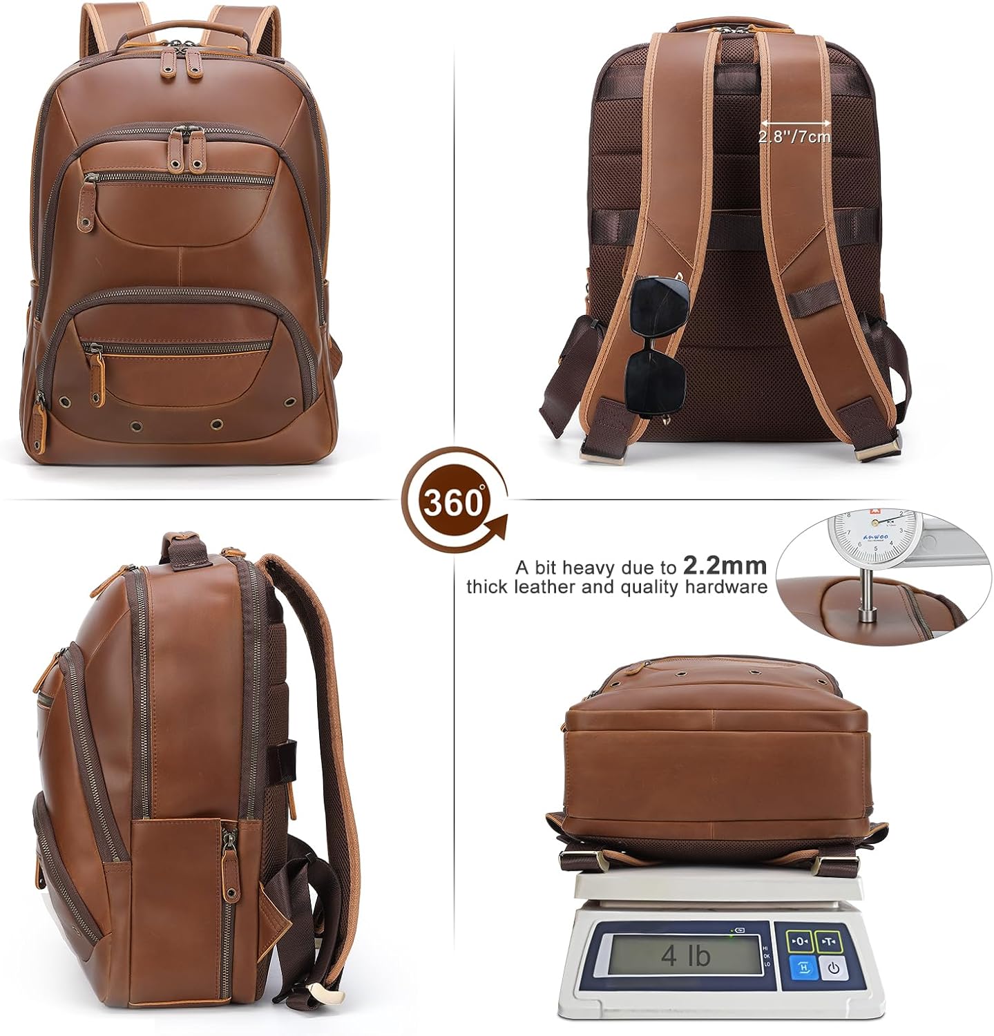 TIDING Brown Leather Travel Backpack for Men, Vintage 16 Inch Laptop Casual Daypack Business Camping Overnight Rucksack