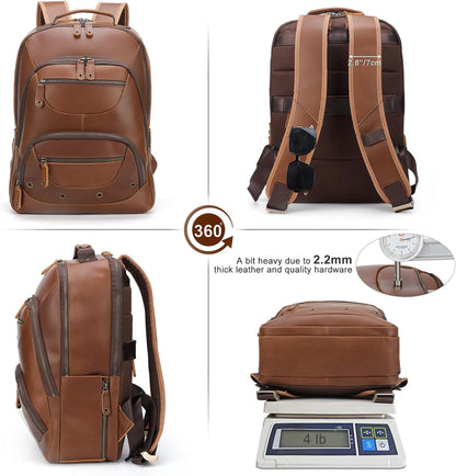 TIDING Brown Leather Travel Backpack for Men, Vintage 16 Inch Laptop Casual Daypack Business Camping Overnight Rucksack