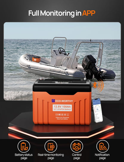 ECO-WORTHY 12V 100AH LiFePO4 Lithium Battery with SOC Display, Upgrade 2.0 with built-in Bluetooth, 100A BMS with Low-Temp Protection, Suitable for RV, Camping, Solar Off-Grid trolling motor