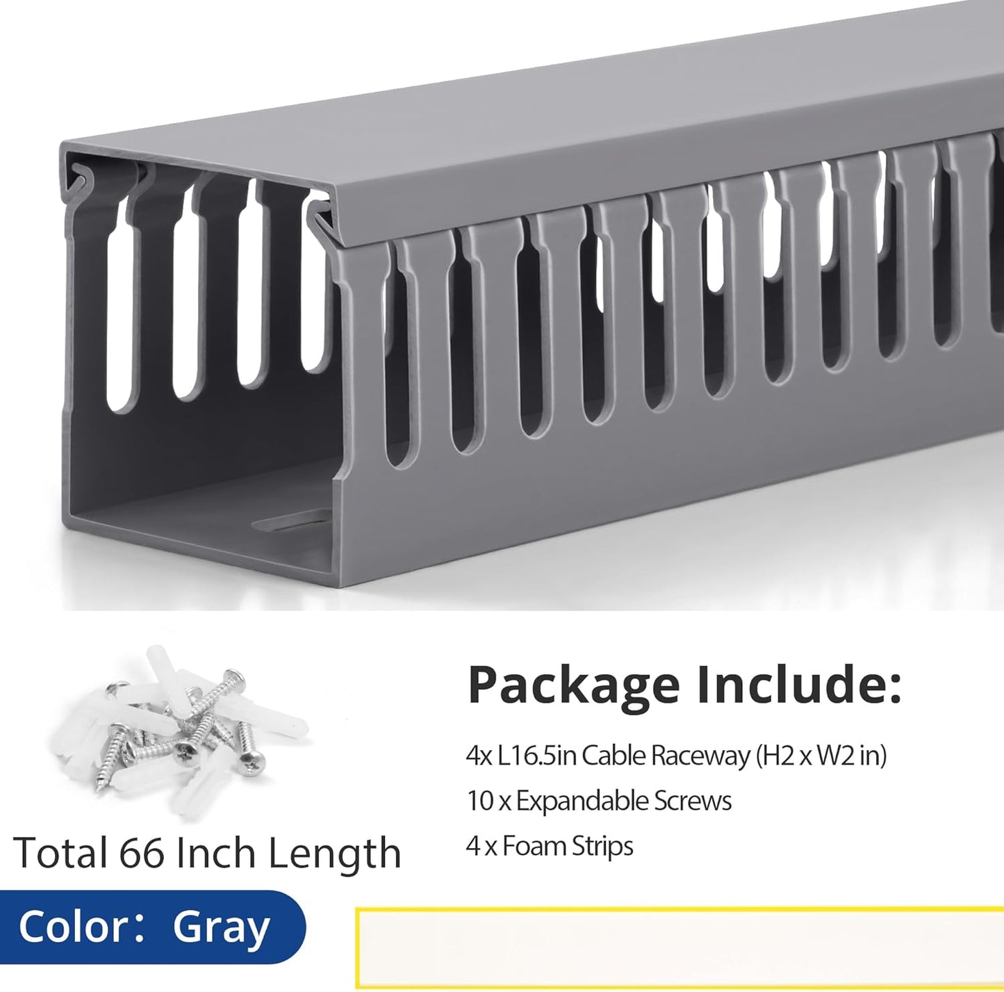 ZhiYo 66in(4X L16.5in) Professional Server Rack Cable Management Raceway, H2in x W2in Cable Raceway Kit, Electrically Safe PVC Open Slot Wire Raceway for Under Desk/Computer/Network Cords, Grey