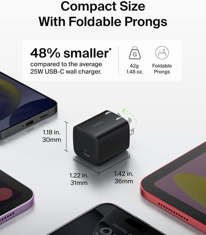 Belkin USB C Charger Block 25W (2 Pack) USB C Cable Included - PD3.0 PPS Fast Charging for Samsung Galaxy S25, S24, S23, S22, Apple iPhone 16, iPhone 15, Google Pixel 9, Nintendo Switch, etc - Black