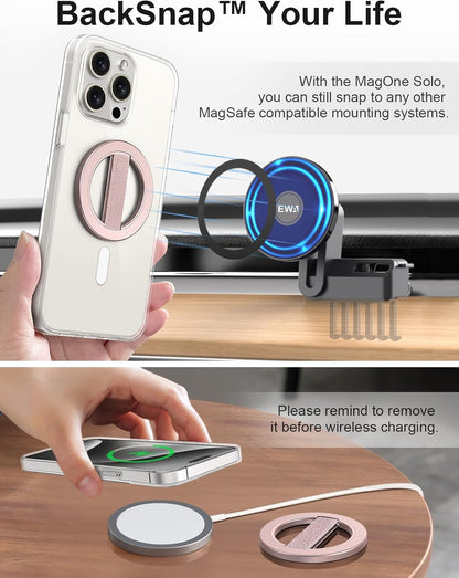 EWA MagOne Solo Phone Grip with Replaceable Elastic Finger Loop, Removable Magnetic Ring Holder Loop, Accessories for iPhone 16,15, 14, 13 Pro/Max/Plus, No Stand-Rosegolden