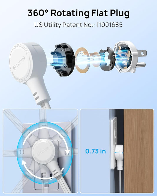 TROND 360° Rotating Flat Plug Power Strip, 5FT Extension Cord with 4 USB Ports, 4 Wide Spaced AC Outlets, Wall Mount, 900J Surge Protector for Office Travel Dorm Room Essentials, White