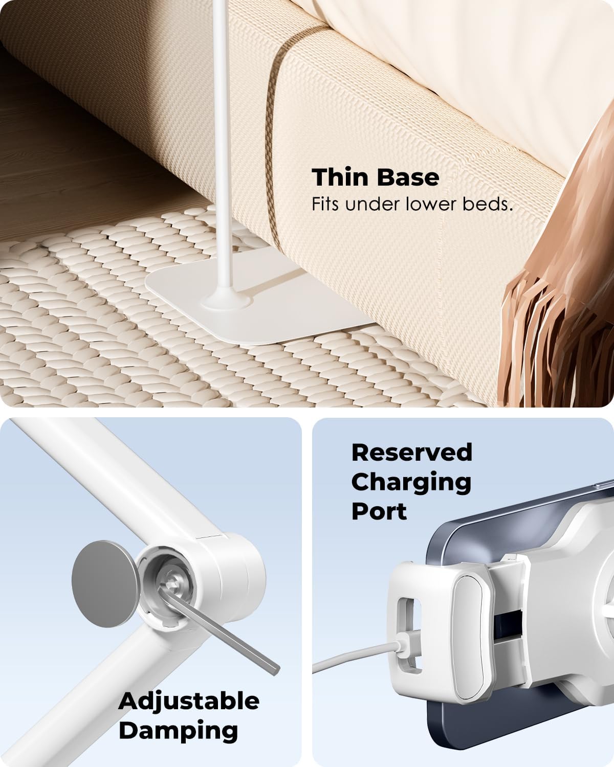 Viozon Tablet Floor Stand Holder, Compatible with 4.7"-13" Phone/Tablet, iPhone 15 Plus/Pro Max iPad,Kindle, 68" Phone Stand, Aluminum Alloy, Universal 360° Rotatable,for Bed,Sofa,Desk,White