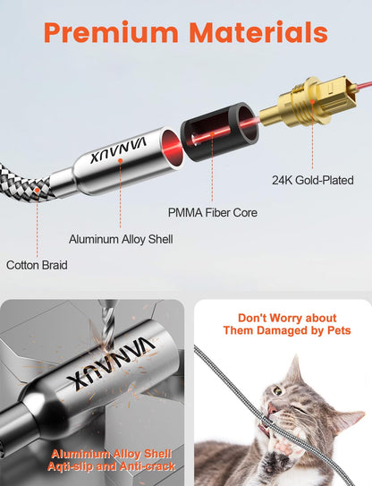 VANAUX 33FT Digital Optical Audio Cable (24K Gold Plated Connectors, Aluminum Alloy Shell, Braided Jacket) S/PDIF Toslink Cable for Home Theater, Soundbars, Gaming Consoles