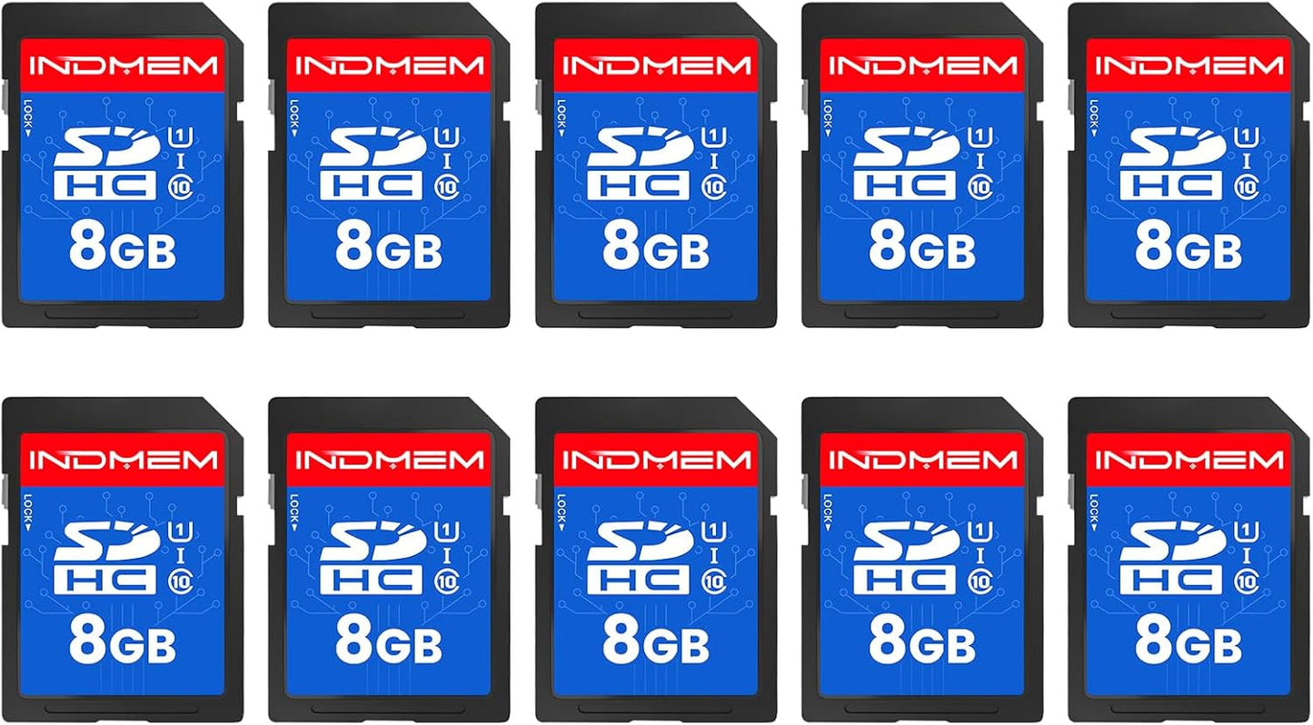 INDMEM SD Card 8GB, 10-Pack UHS-I Class 10 MLC Flash Memory Card, High-Speed Secure Digital Cards for Cameras, DSLR, Action Cams - Reliable Storage