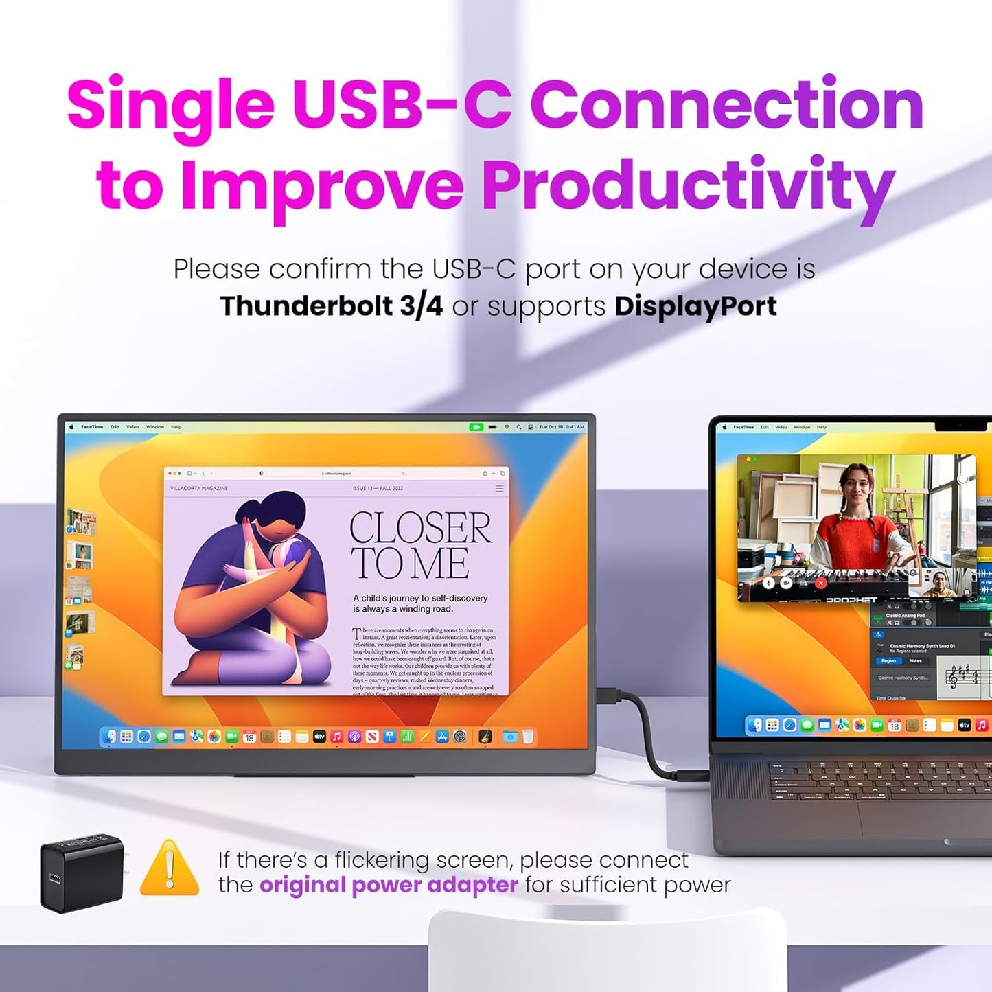 Portable Gaming Monitor 16 Inch QHD 2.5K 2560X1600 16:10 100 Hz 100% sRGB 10 Bit Travel Monitor for MacBook, Laptop, PC, Surface, Game Console, VESA Compatible, with Kickstand & Sleeve