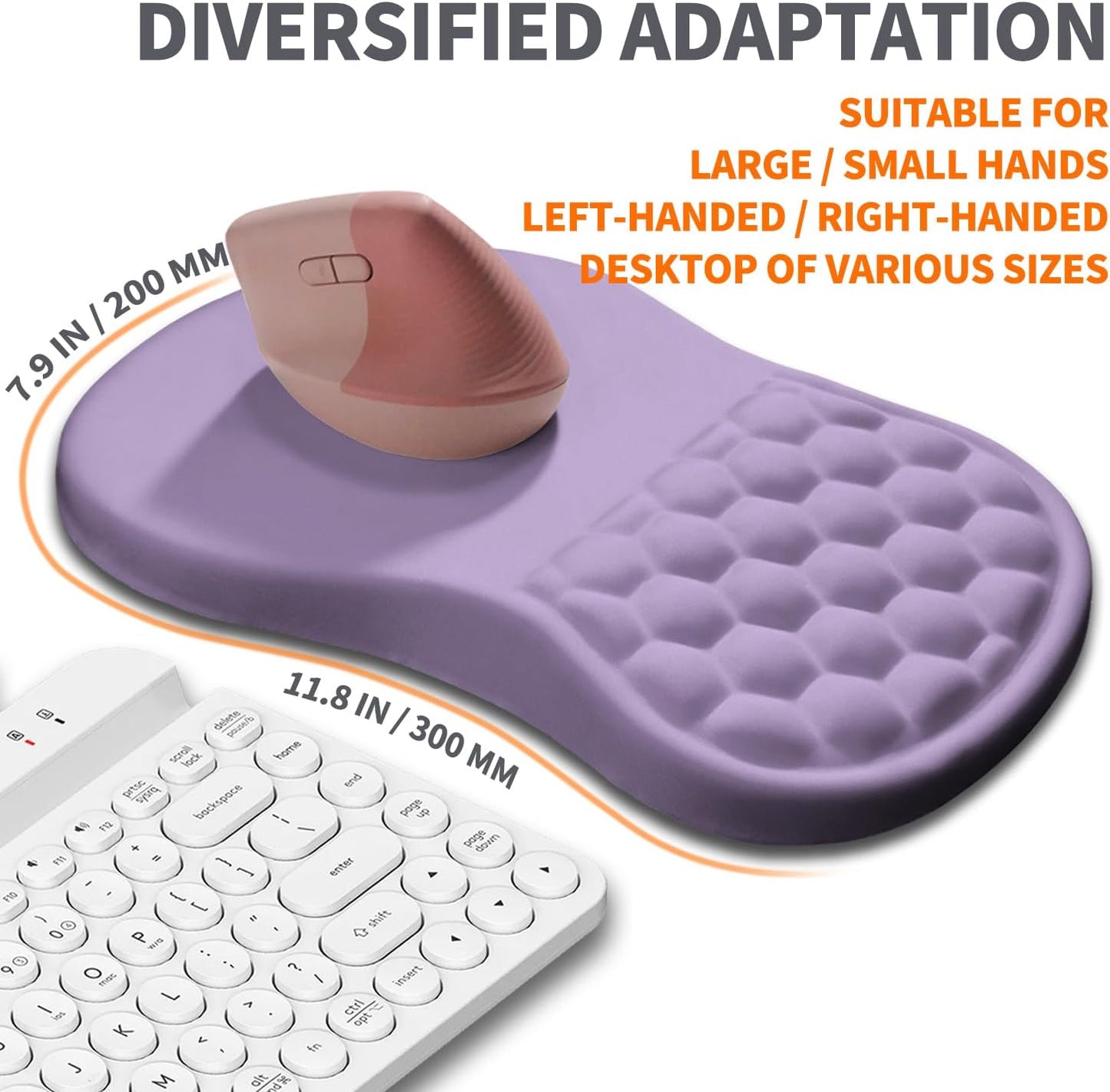 Ergonomic Joint Wrist Support Mouse Pad with Memory Foam Cushion Massage Bump, Carpal Tunnel Pain Relief Mousepad Slope Design for Wrist Rest, 11.8x7.9 in, Pale Purple