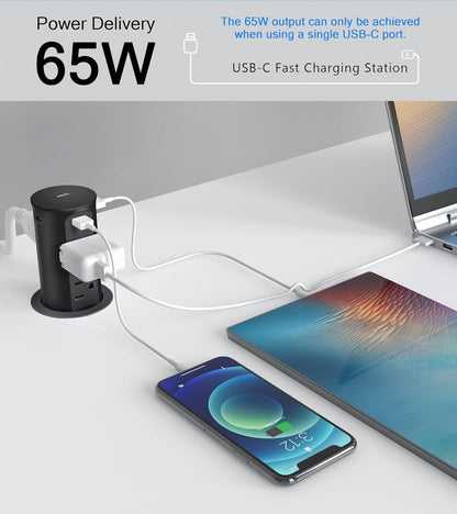 Pop up Outlet for Countertop,65W USB C Fast Charging Port,2.5-inch Hole Desktop Power Grommet,Recessed Power Strip,4 Outlets 4 USB Ports,15Amp Tamper Resistant Receptacle，ETL Listed (Black)