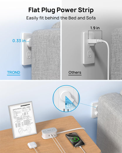 TROND Flat Plug Power Strip: 3.3ft Wrapped Short Extension Cord with 4 Outlets, 4 USB Ports, Small Charging Station, Travel Home Office Cruise Ship Dorm Room Essentials, Gray