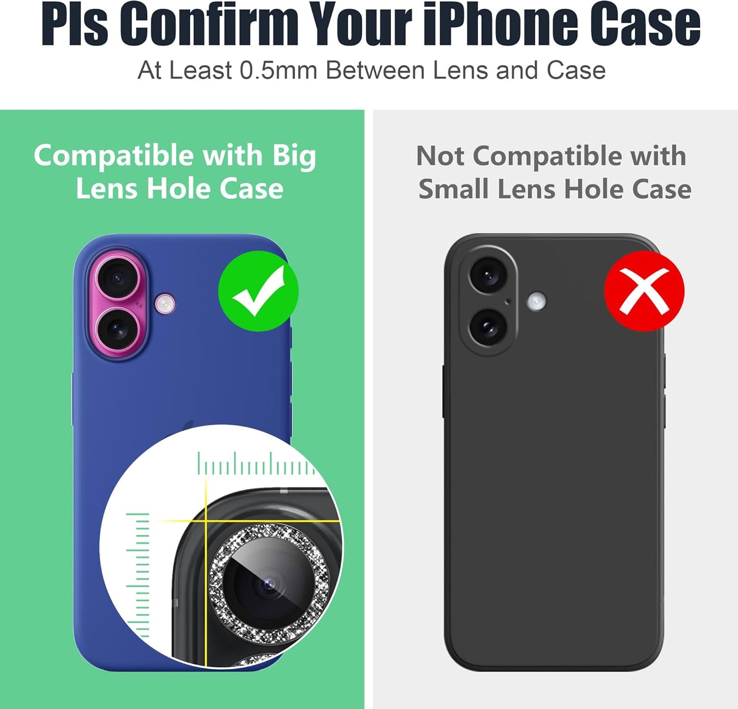 AGVEE 3+3 6 Pack for iPhone 16 6.1" / 16 Plus 6.7" Camera Lens Cover Protector, Bling Glitter & CD-Textured Metal Ring 9H Tempered HD Glass Camera Cover Protector Film, Glitter-Black