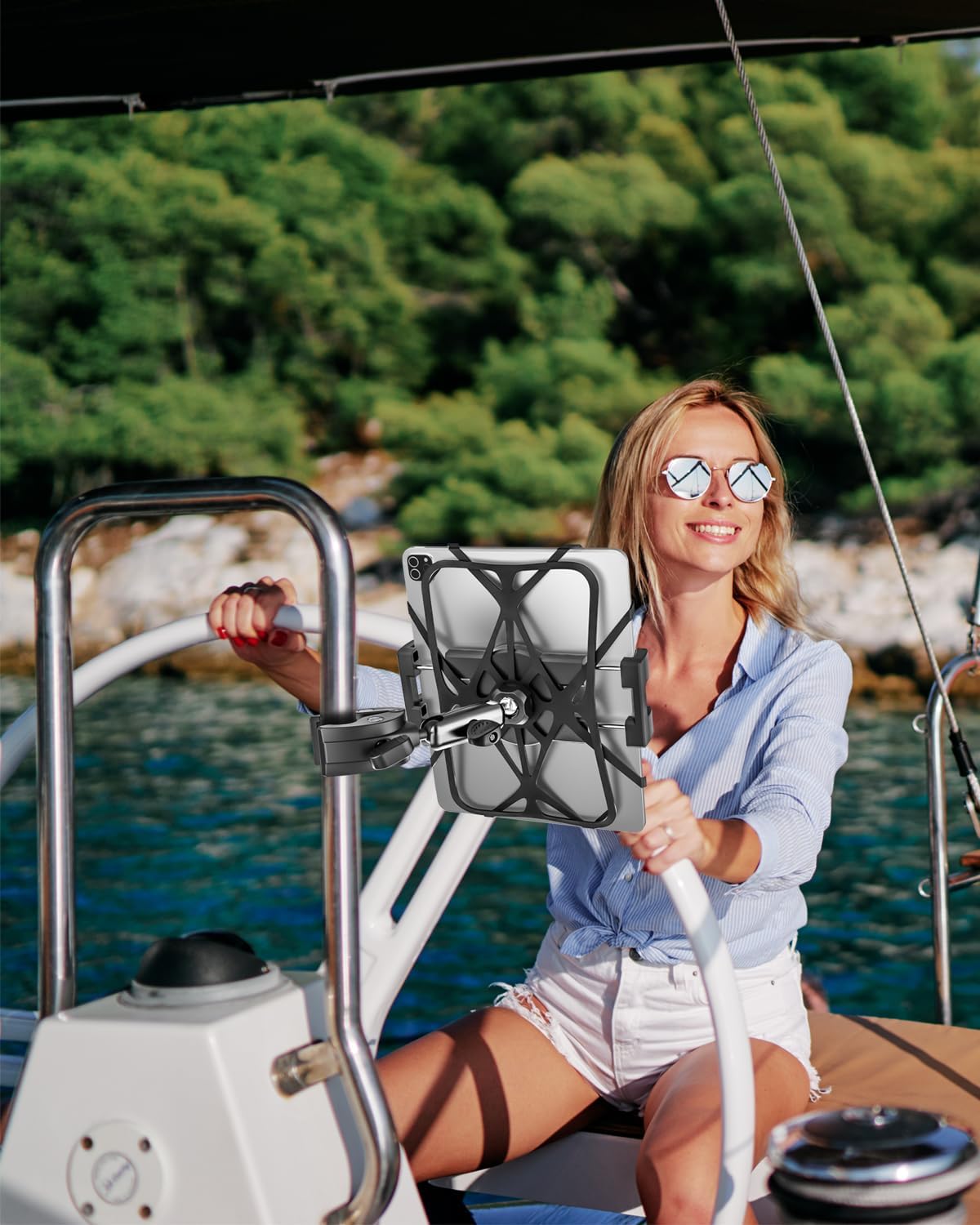 Metal iPad Tablet Mount for Boat Helm, Wheelchair Pole, Golf Cart, Stroller, Mic Stand, Fitness Bike, Road Mountain Bicycle - 360° Adjustable Handlebar Clamp for 4.7-13" iPad Pro, Air, Mini, Galaxy