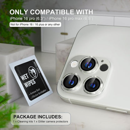 Choiche Compatible for iPhone 16 Pro/iPhone 16 Pro Max Camera Lens Protector, Bling Camera Cover with 9H Tempered Glass Lens Screen Protector Metal Ring Decoration Accessories(Silver)