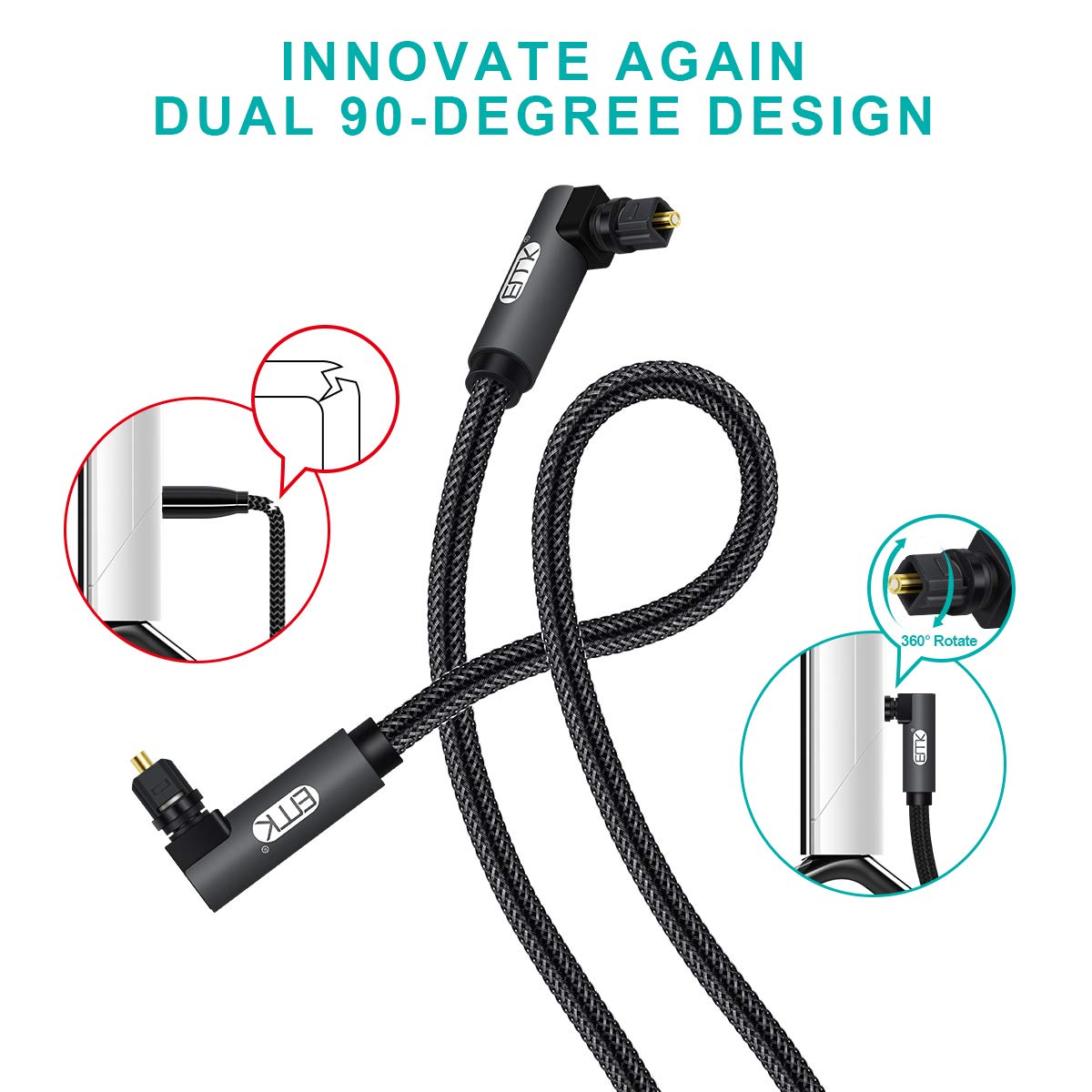 EMK 【Upgraded】 Double 90 Degree Optical Audio Cable Free-Rotating Toslink Plug Nylon Braided S/PDIF Digital Right Angle Optical Male to Male Cable for Home Theater,Sound Bar,TV(6.6ft/2m)