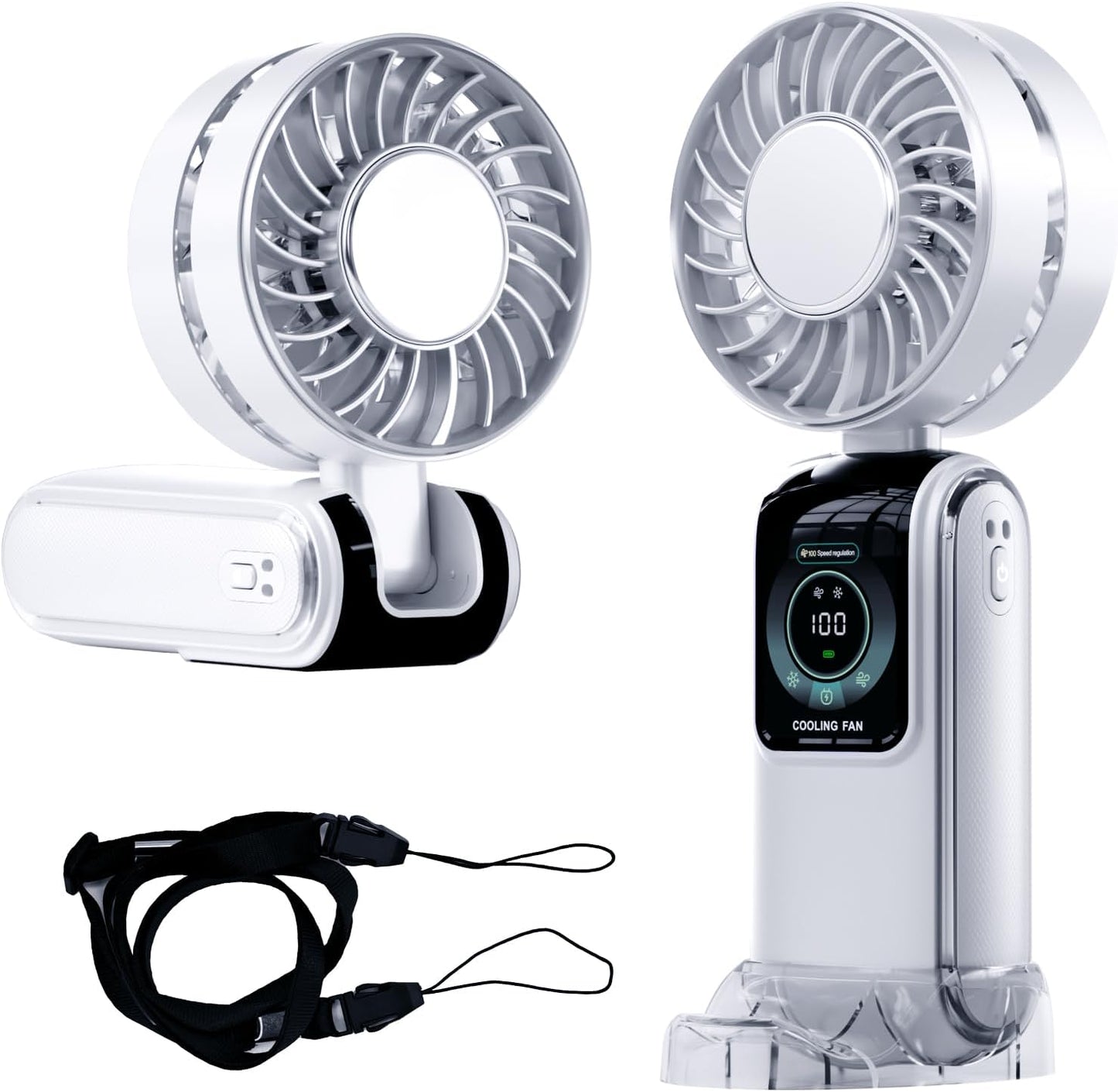 Blows Cold Air Portable Handheld Fan with Stand & Lanyard, 5000mAh USB-C Rechargeable Battery, 12H/5-Speed LED Display Mini Fan for Travel Beach Cruise Concerts Outdoor Events(White)