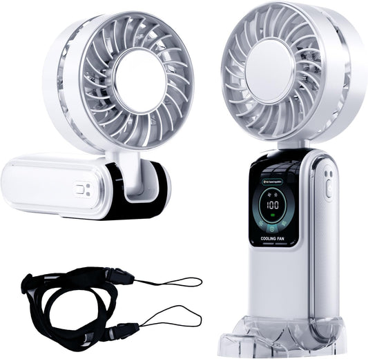 Blows Cold Air Portable Handheld Fan with Stand & Lanyard, 5000mAh USB-C Rechargeable Battery, 12H/5-Speed LED Display Mini Fan for Travel Beach Cruise Concerts Outdoor Events(White)