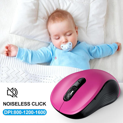 WisFox 2.4G Wireless Mouse for Laptop, Ergonomic Computer Mouse with USB Receiver and Type-C Adapter, 3 Adjustable Levels, 6 Button Cordless Wireless Mice for Windows Mac PC Notebook (Fuchsia)